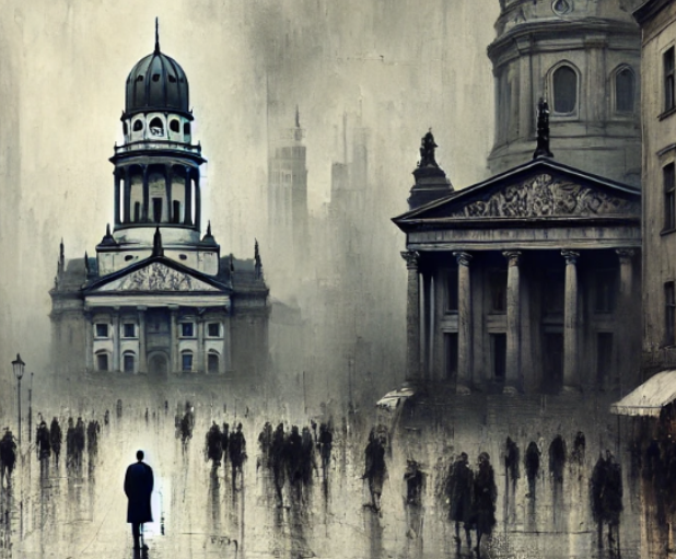 Ville pluvieuse : architecture historique sous la brume, foule en mouvement sur une place inondée.