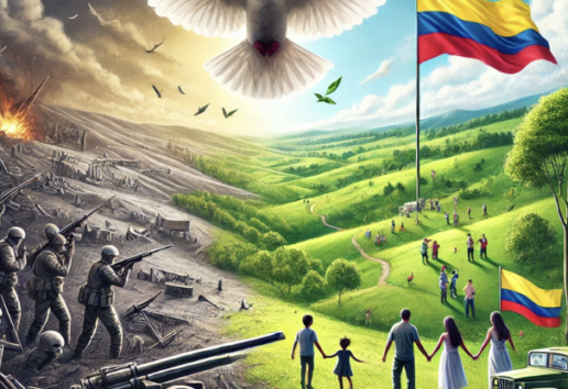 Transition paisible : conflit vers paix. Familles en harmonie sous drapeau colombien, symbole d'espoir et de renaissance." (