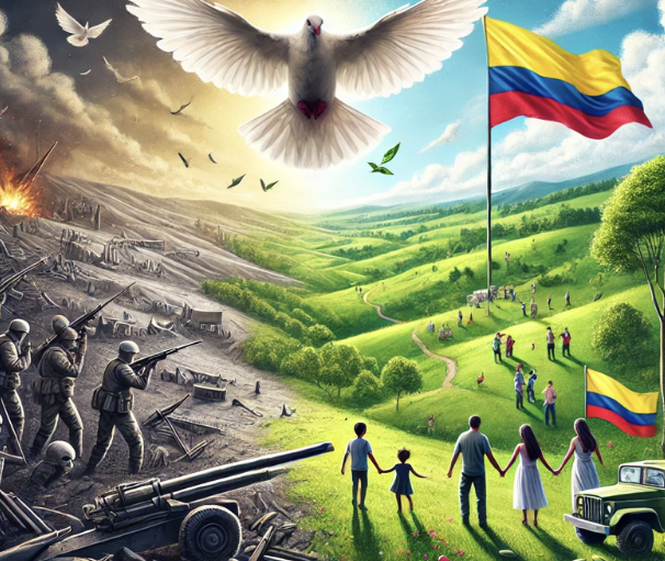 Transition paisible : conflit vers paix. Familles en harmonie sous drapeau colombien, symbole d'espoir et de renaissance." (
