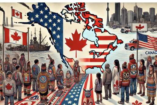 Cette image illustre une célébration culturelle canadienne mêlant symboles nationaux, paysages et diversité ethnique.