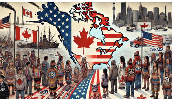Cette image illustre une célébration culturelle canadienne mêlant symboles nationaux, paysages et diversité ethnique.