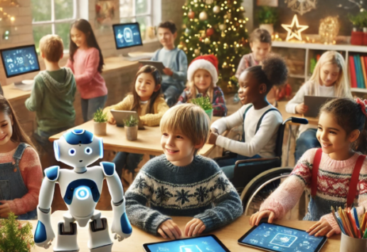 Enfants en classe festive avec robot, utilisant des tablettes devant un sapin de Noël décoré.