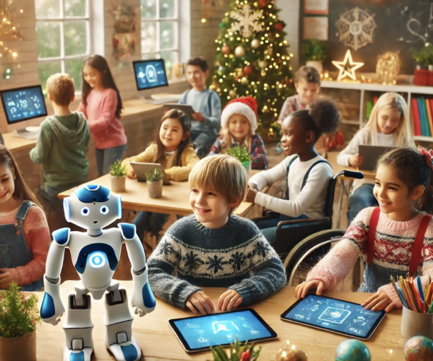 Enfants en classe festive avec robot, utilisant des tablettes devant un sapin de Noël décoré.