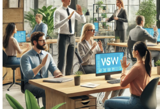 Équipe en réunion dynamique dans un bureau moderne, applaudissant devant un écran affichant 'VSW'.