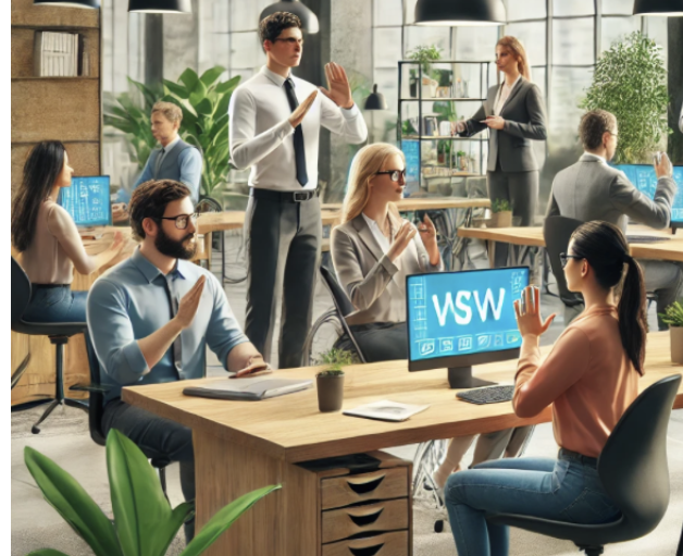 Équipe en réunion dynamique dans un bureau moderne, applaudissant devant un écran affichant 'VSW'.