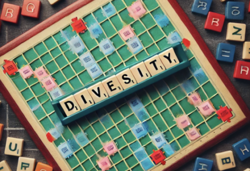 Image d’un jeu de Scrabble formant le mot "DIVERSITÉ" sur une grille de jeu entourée de lettres multicolores.