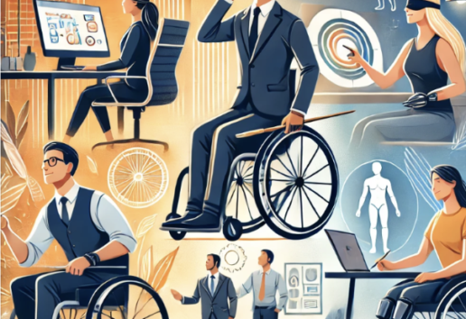 Illustration diversifiée d'un bureau inclusif : personnes en situation de handicap en fauteuil roulant, travaillant et coll