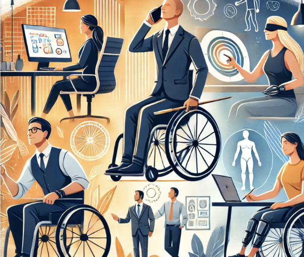 Illustration diversifiée d'un bureau inclusif : personnes en situation de handicap en fauteuil roulant, travaillant et coll