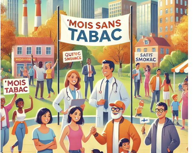 Illustration : 'Mois sans tabac' - Communauté unie pour arrêter de fumer, avec médecins et citoyens engagés.