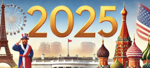Image célébrant l'année 2025 avec Eiffel Tower, drapeau américain, tour Saint-Basile et chapeau de liberté.