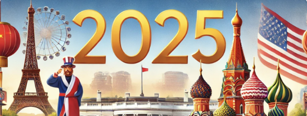 Image célébrant l'année 2025 avec Eiffel Tower, drapeau américain, tour Saint-Basile et chapeau de liberté.