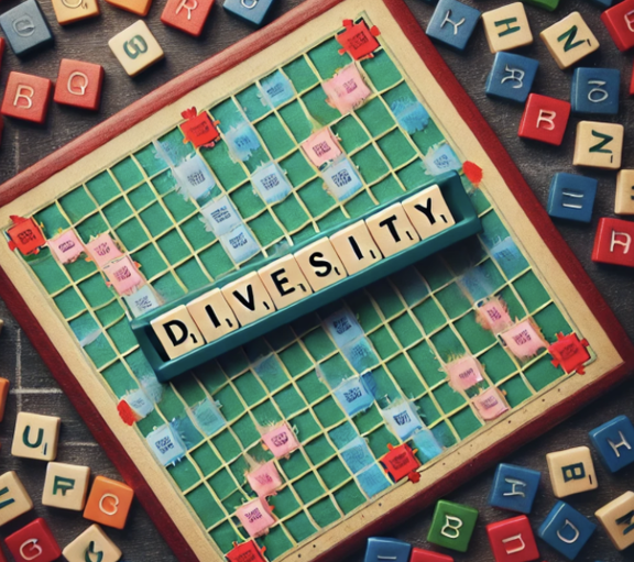 Image d’un jeu de Scrabble formant le mot "DIVERSITÉ" sur une grille de jeu entourée de lettres multicolores.