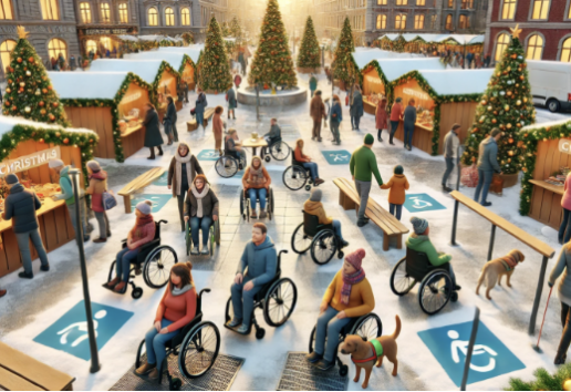 Marché de Noël animé avec stands décorés, personnes en fauteuils roulants et chiens d'assistance, accessibilité univer