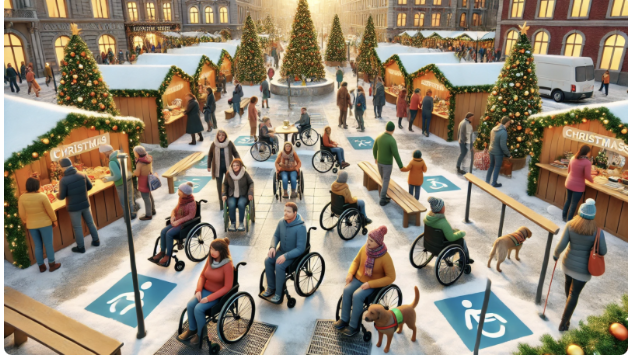 Marché de Noël animé avec stands décorés, personnes en fauteuils roulants et chiens d'assistance, accessibilité univer