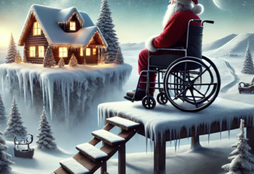 Santa Claus en fauteuil roulant sur une plateforme enneigée devant une maison lumineuse et des paysages hivernaux étoilés.