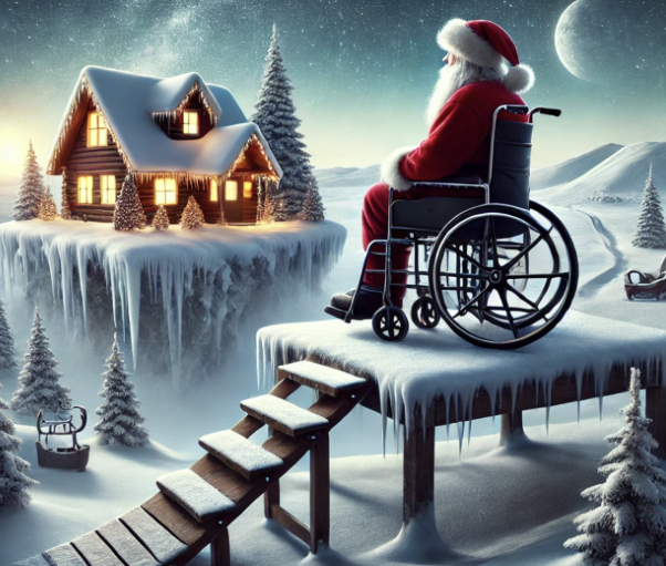 Santa Claus en fauteuil roulant sur une plateforme enneigée devant une maison lumineuse et des paysages hivernaux étoilés.
