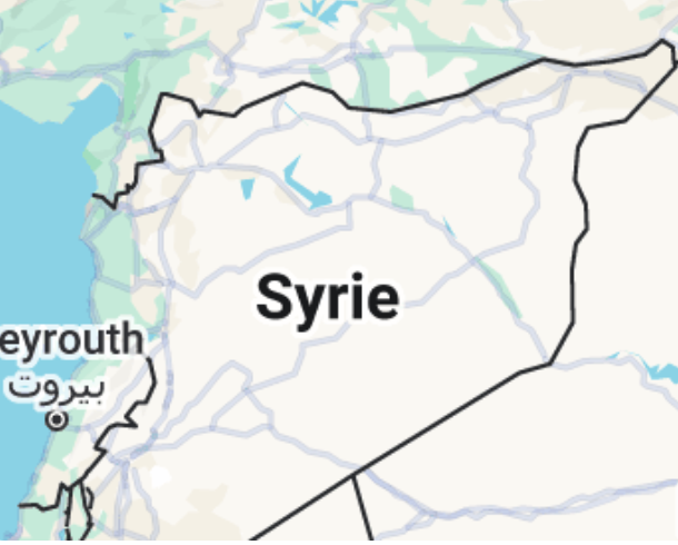 Carte simplifiée de la Syrie avec localisation de Beyrouth au Liban voisin.