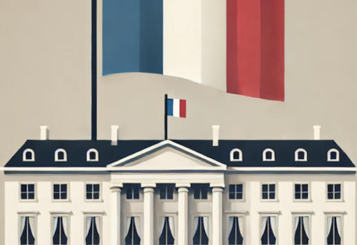 Bâtiment officiel avec drapeaux français en haut et en bas de la façade.