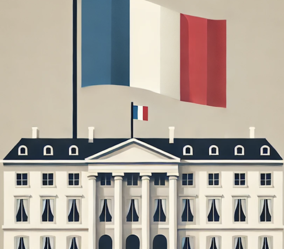 Bâtiment officiel avec drapeaux français en haut et en bas de la façade.