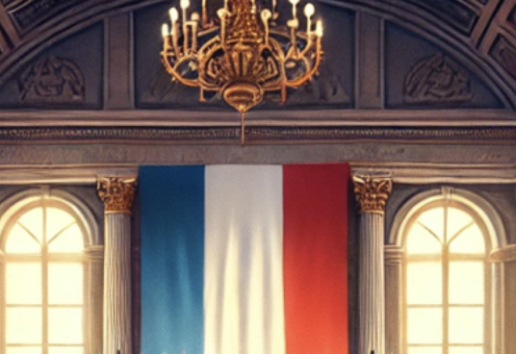 Salle élégante avec un drapeau tricolore français (bleu, blanc, rouge) et un lustre doré.