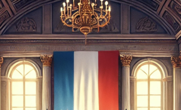 Salle élégante avec un drapeau tricolore français (bleu, blanc, rouge) et un lustre doré.