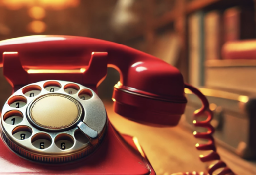 Rotary phone vintage rouge sur bureau en bois, éclairé par une lampe dorée, avec livres en arrière-plan.