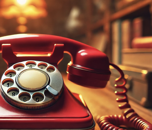 Rotary phone vintage rouge sur bureau en bois, éclairé par une lampe dorée, avec livres en arrière-plan.