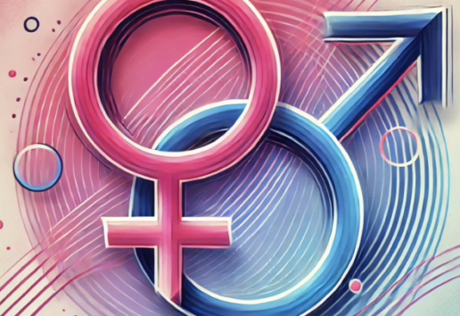 Symboles des genres féminin et masculin stylisés sur fond coloré et dynamique.