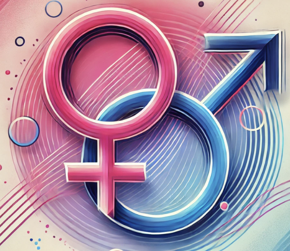Symboles des genres féminin et masculin stylisés sur fond coloré et dynamique.