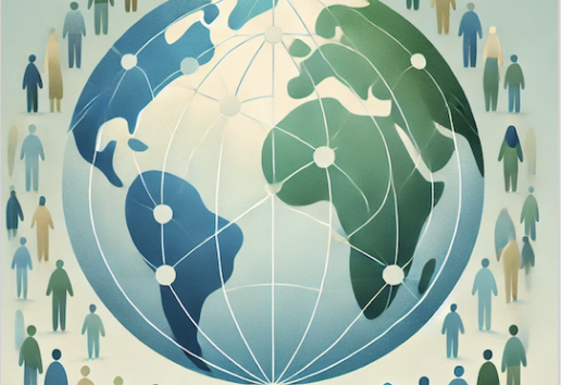 Illustration d'un globe terrestre entouré de silhouettes humaines symbolisant la mondialisation et la connexion internation