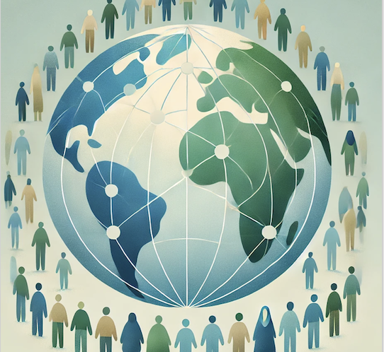 Illustration d'un globe terrestre entouré de silhouettes humaines symbolisant la mondialisation et la connexion internation
