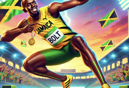 Athlète jamaïcain en tenue jaune et verte, souriant, en course avec médaille et drapeaux du Jamaica en arrière-plan.