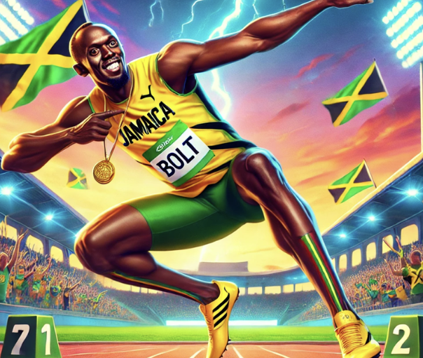 Athlète jamaïcain en tenue jaune et verte, souriant, en course avec médaille et drapeaux du Jamaica en arrière-plan.