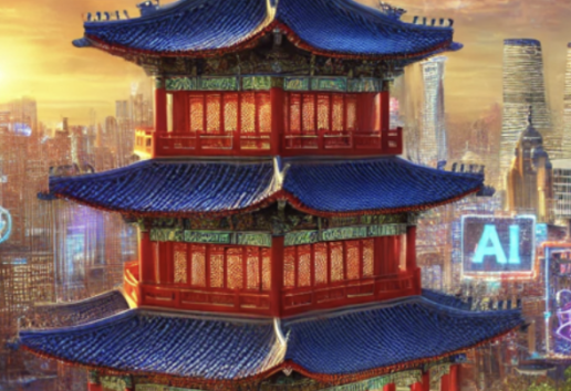 Pavillon traditionnel asiatique à plusieurs étages, entouré d'une ville futuriste avec des néons "AI". Ciel dramatique au