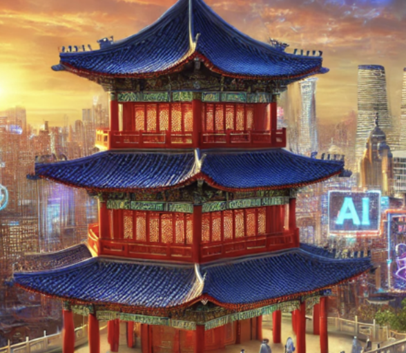 Pavillon traditionnel asiatique à plusieurs étages, entouré d'une ville futuriste avec des néons "AI". Ciel dramatique au