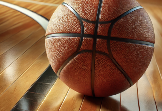 Basketball en cuir brun sur un parquet de bois, prêt pour un jeu intense.
