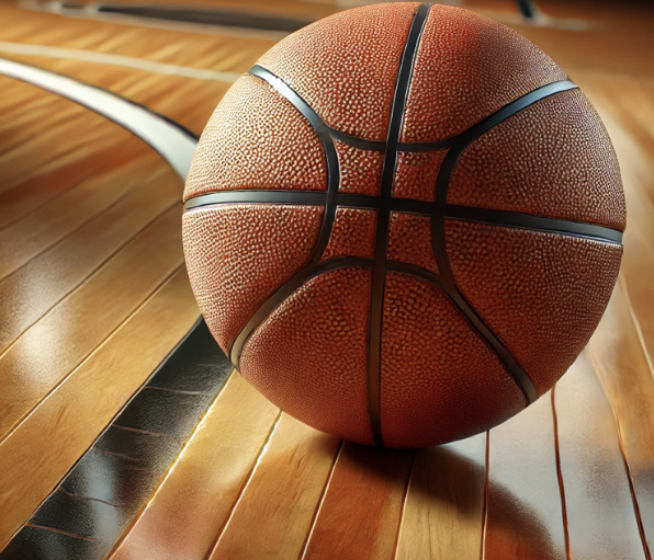 Basketball en cuir brun sur un parquet de bois, prêt pour un jeu intense.