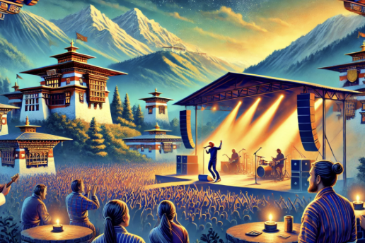 Spectacle nocturne en montagne avec scène traditionnelle, public assis sous lanternes, paysages en arrière-plan.