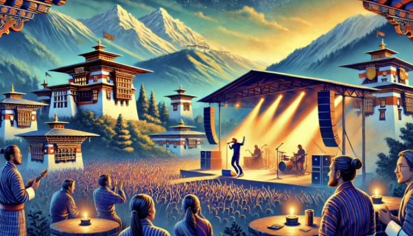 Spectacle nocturne en montagne avec scène traditionnelle, public assis sous lanternes, paysages en arrière-plan.