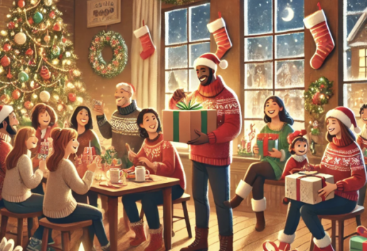 Famille réunie en fête de Noël : autour d’un sapin décoré, ils échangent des cadeaux et partagent des moments joyeux
