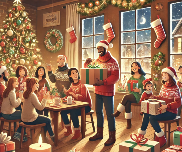 Famille réunie en fête de Noël : autour d’un sapin décoré, ils échangent des cadeaux et partagent des moments joyeux