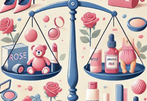 Image humoristique : balance illustrant des produits de beauté et accessoires roses avec le mot « TAXE ROSE ».