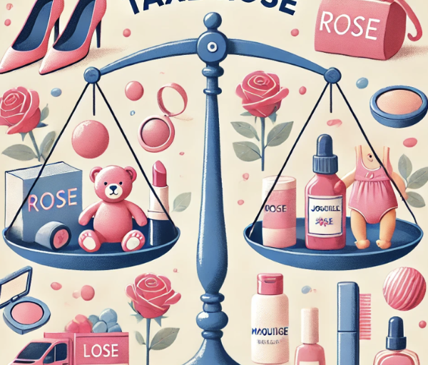 Image humoristique : balance illustrant des produits de beauté et accessoires roses avec le mot « TAXE ROSE ».
