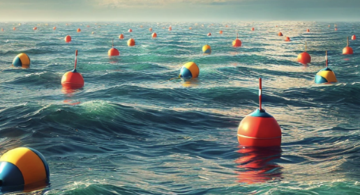 Image : Océan avec divers bouées colorées flottantes sur des vagues.