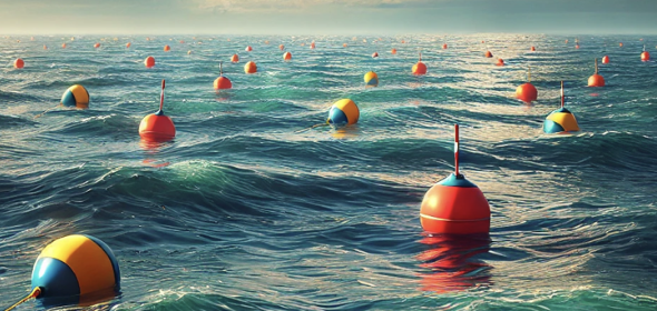 Image : Océan avec divers bouées colorées flottantes sur des vagues.