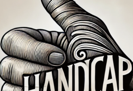 Illustration d'un pouce levé stylisé avec le mot "HANDICAP" en lettres majuscules, symbolisant l'inclusion et la valoris