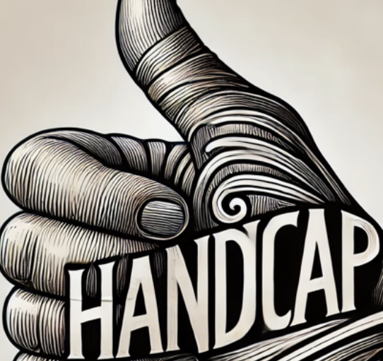 Illustration d'un pouce levé stylisé avec le mot "HANDICAP" en lettres majuscules, symbolisant l'inclusion et la valoris