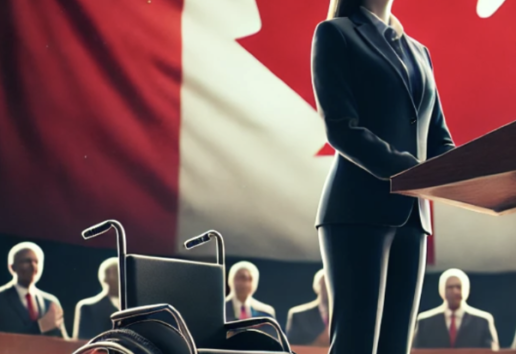 Une femme en costume debout près d'un pupitre, devant un drapeau canadien, avec un fauteuil roulant à ses pieds.