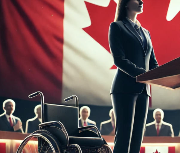 Une femme en costume debout près d'un pupitre, devant un drapeau canadien, avec un fauteuil roulant à ses pieds.