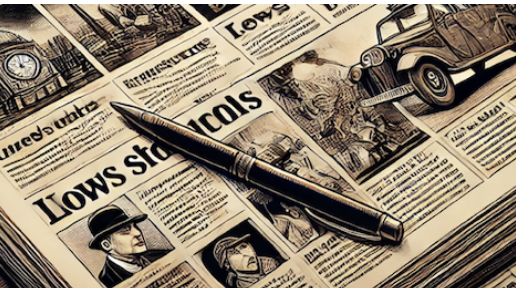 Ancienne presse illustrée avec articles et images vintage, incluant une voiture ancienne et un détective." (124 caractère